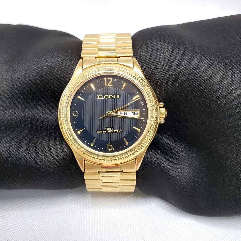 Elgin II Gold-Tone Mens Watch Black Dial Day & Date Display Water Resistant - Picture 3 of 11